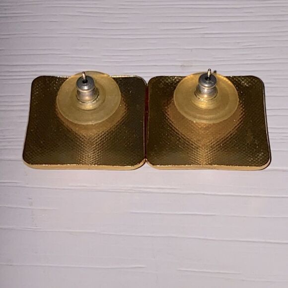 Vintage Enamel Square Earrings In Green Pink Dark Yellow/Orange Enamel On Stud - Picture 3 of 7